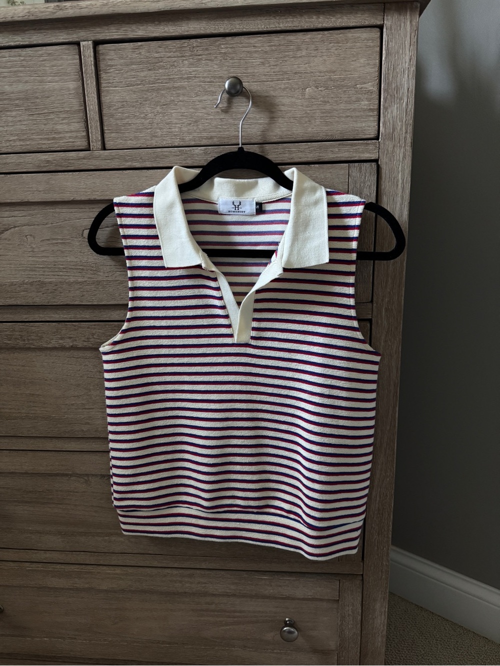 Striped Sleeveless Polo Top in Cream with Red and Blue Stripes
